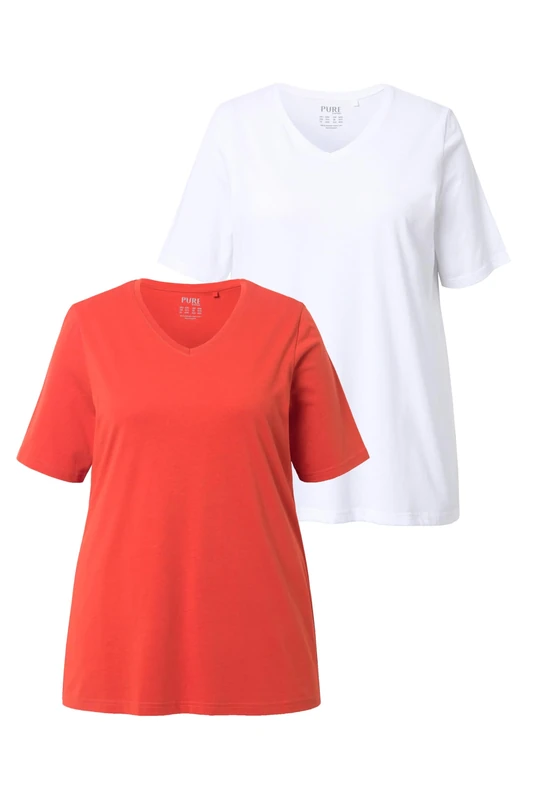 Ulla Popken Women's T-Shirts, 2er-Pack, V-Ausschnitt, Halbarm, Biobaumwolle, Burnt Clay, 28 UK/30 UK