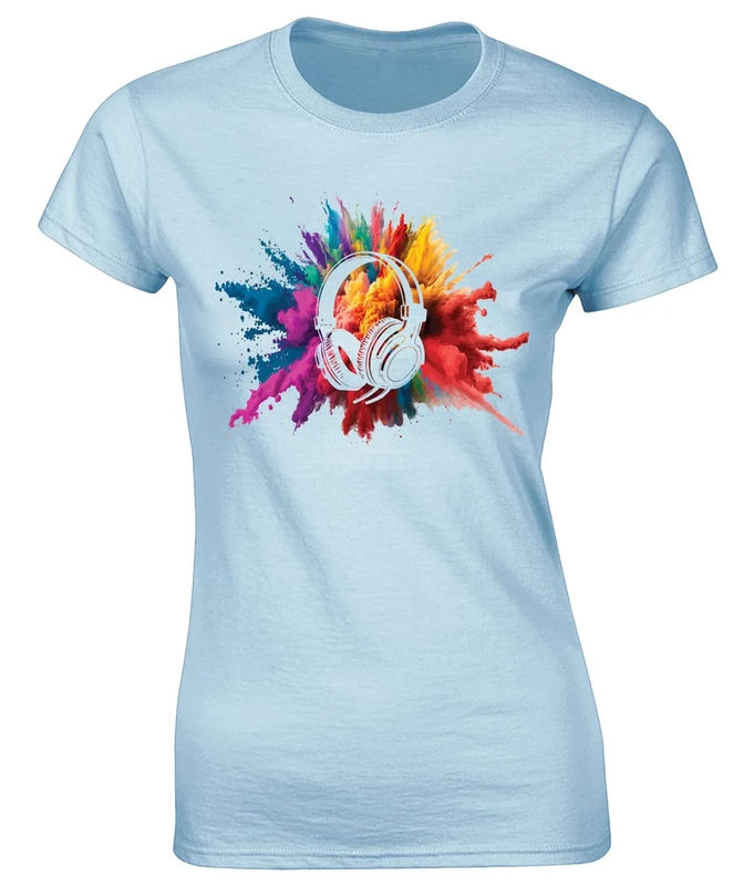 Crown Designs Headphones Paint Splash Music Dj Vinyl Record Acid House Rave Dance Premium Quality Fitted T-Shirt Top for Women and Teens - Blue / 8-10