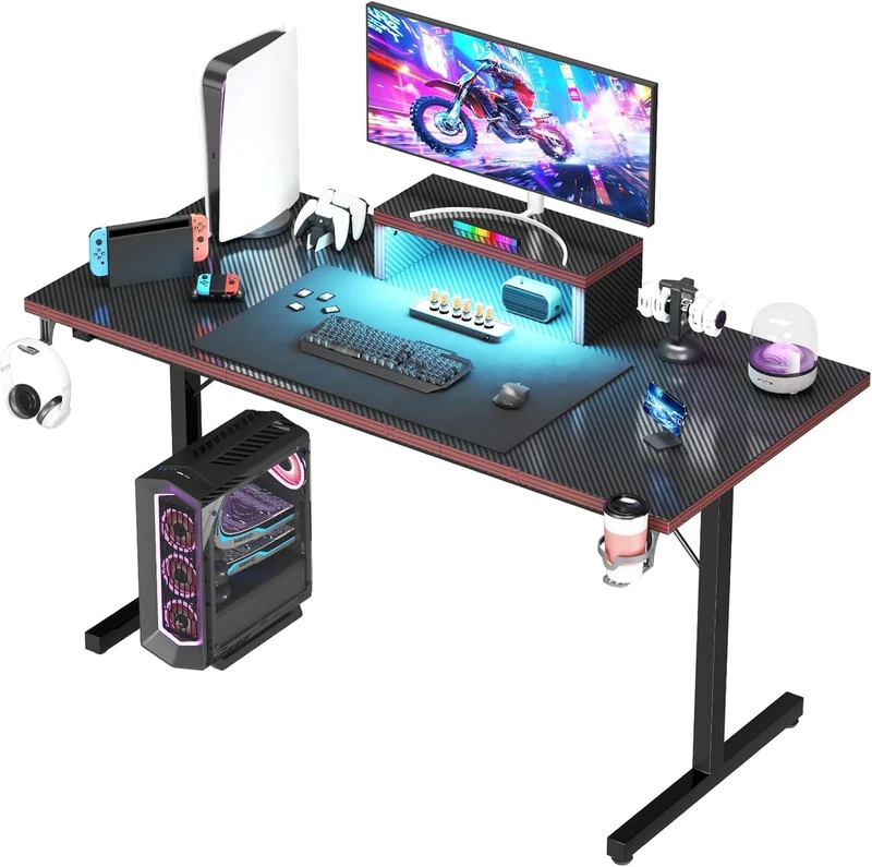 Devoko 140×60cm Gaming Desk With LED,Gaming Desks With Monitor Stand, Carbon Fibre Coating T-frame Design,Ergonomic Computer Desk With Cup Holder And Headphone Hook, Black