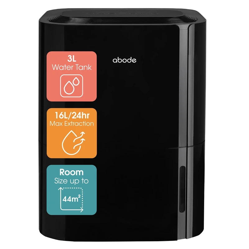 Abode Dehumidifier 16 Litre/Day with Digital Display for Damp, Mould & Moisture in Home, Kitchen, Bedroom, Office, Caravan, Laundry Drying, 44m2 Room Coverage, Smart Timer, Black ADH1601B