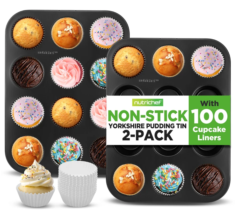 Nutrichef Muffin Trays Cupcake Tray 12 Cup, 2 Pack Dishwasher Safe, Pudding Tray, Nonstick Muffin Tin, Round Baking Moulds, Bakeware Muffin Pans, Carbon Steel Stackable Cup Cake Tray- Black