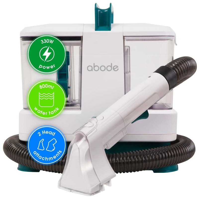 Abode Compact & Lightweight Spot Cleaner Carpet Washer 800ml Water Tank Stain Remover, Cleans Spills from Carpets, Stairs, Upholstery & Car Seats, 330W Power, 2x Attachments, White/Blue ASC24C