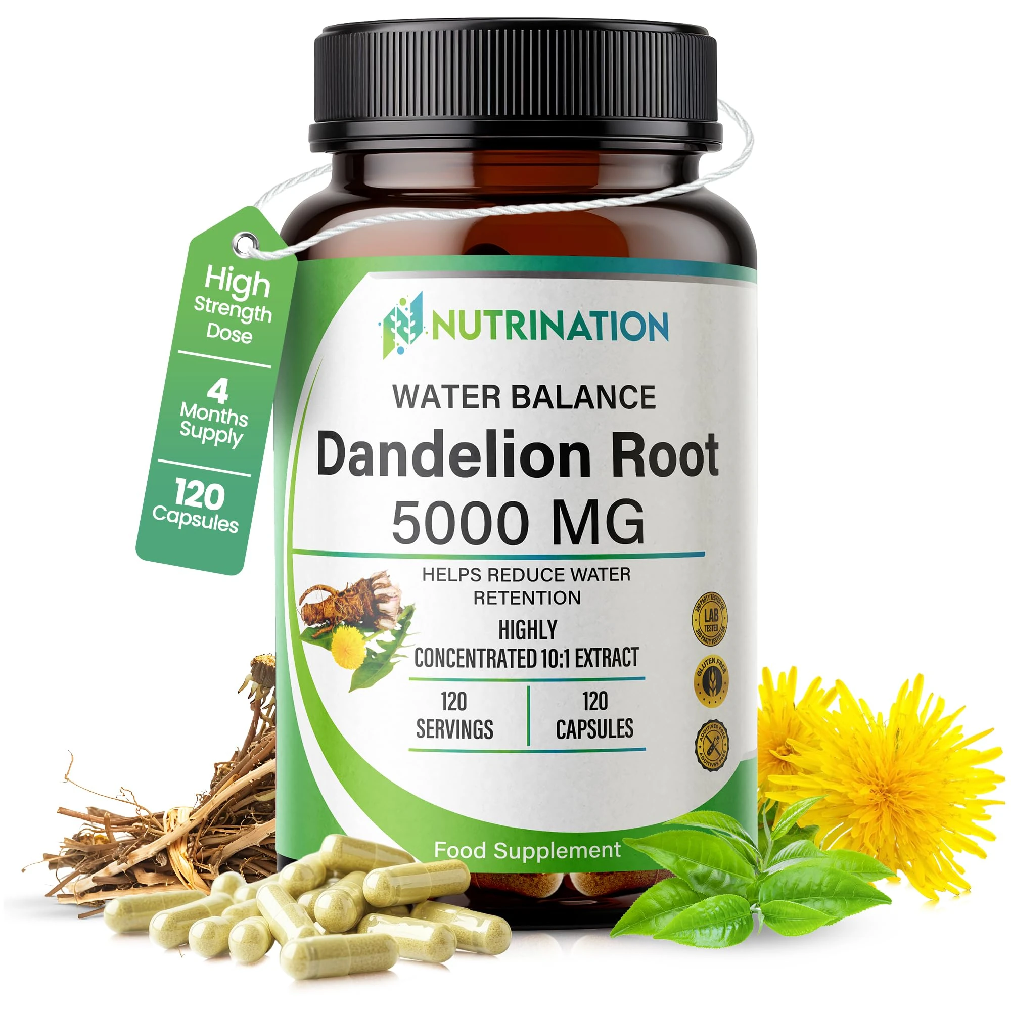 Water Retention Tablets - Dandelion Root Capsules 5000mg | (4-Month Supply) 120 Vegan Capsules | High-Strength Herbal Supplement for Bloating, Detox & Fluid Balance | Non-GMO & Lab-Tested