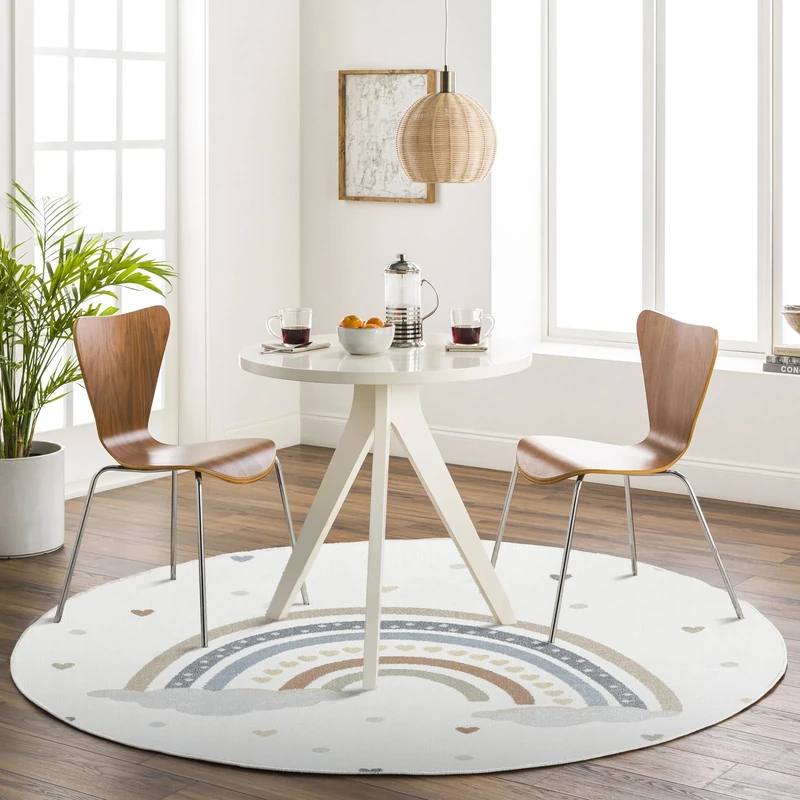 Livabliss Rainbow Washable Kids Rug - Childrens Rugs for Bedroom 160x160 cm, Machine Washable Animal Rug for Girls & Boys Bedroom, Playroom and Nursery Rugs - Girl, Boy, Baby, Kids Carpet, Cream