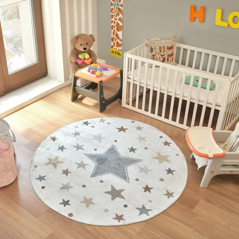 Livabliss Stars Washable Kids Rug - Childrens Rugs for Bedroom 160x160 cm, Machine Washable Animal Rug for Girls & Boys Bedroom, Playroom and Nursery Rugs - Girl, Boy, Baby, Kids Carpet, Cream, Blue