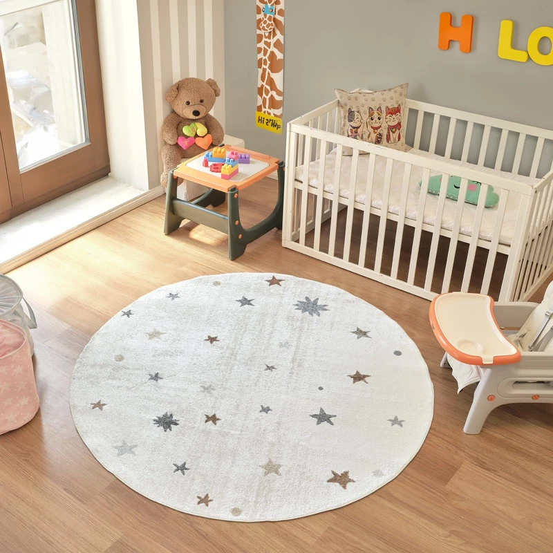 Livabliss Stars Washable Kids Rug - Childrens Rugs for Bedroom 160x160 cm, Machine Washable Animal Rug for Girls & Boys Bedroom, Playroom and Nursery Rugs - Girl, Boy, Baby, Kids Carpet, Cream