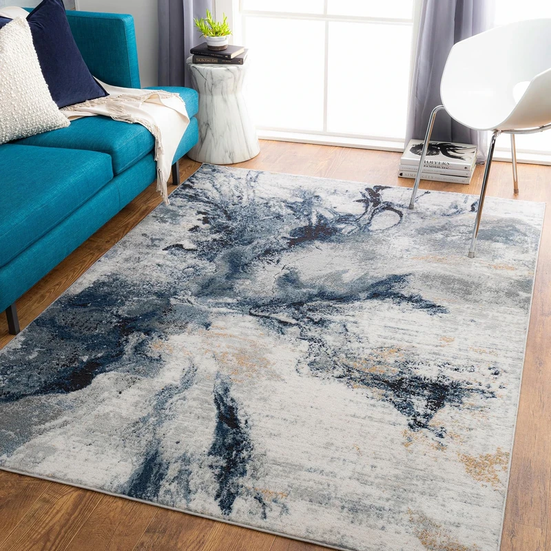 Livabliss New York Abstract Rug - Area Rugs Living Room 140x200 cm, Dining Room, Lounge, Kitchen, Bedroom - Modern Marble Large Rug, Soft Luxurious Easy Care Medium Pile, Blue, Grey and Beige