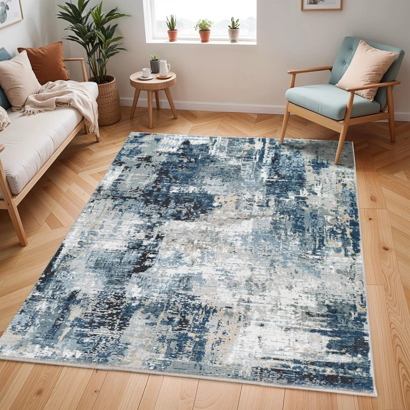 Livabliss Paris Abstract Rug - Area Rugs Living Room 140x200 cm, Dining Room, Lounge, Kitchen, Bedroom - Modern Marble Rug, Soft Luxurious Easy Care Medium Pile Large Rug, Blue, Grey and Beige Rug