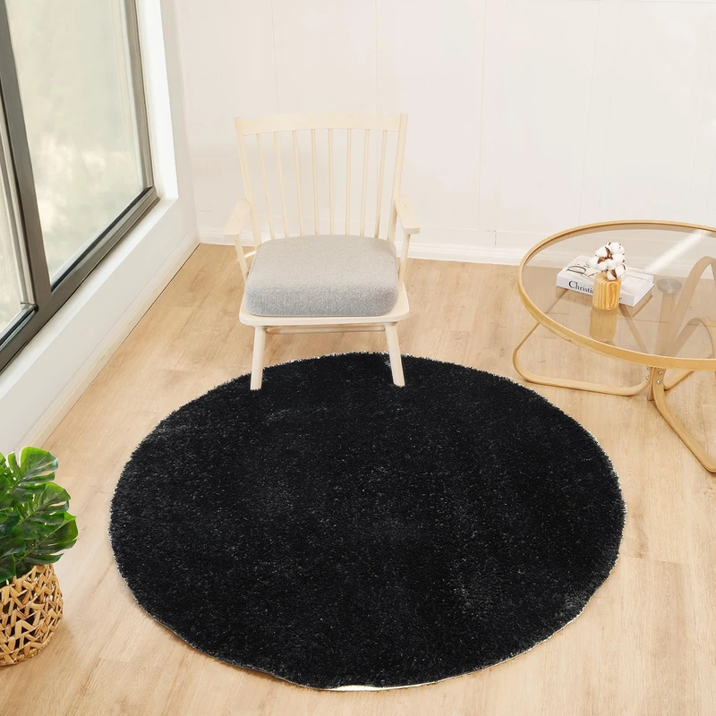 Livabliss Shaggy Rug Shaggy Rug - Modern Berber Rug Living Room 120x120 cm, Soft Shaggy Rugs for Bedroom - Neutral Boho Fluffy Rug, Easy Care Plush Thick Pile - Round Rug, Black Rug