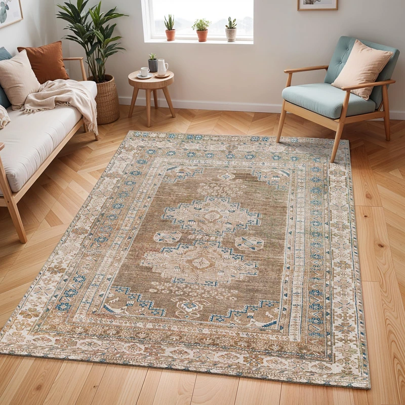 Livabliss Faraoun Machine Washable Rug - Vintage Area Rugs Living Room, Large Rug 120x170 cm - Traditional Boho Rug Style, Dining Room, Kitchen, Outdoor, Hallway - Brown, Blue, Beige Rug