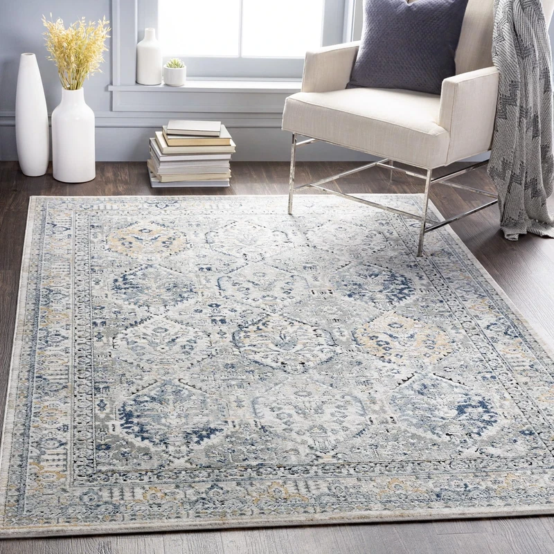 Livabliss Mayfair Vintage Rug - Area Rugs for Living Room 140x200 cm, Bedroom - Scandi Neutral Rugs, Traditional Patterned Boho Style, Natural Easy Care Pile - Large Rug, Grey and Blue