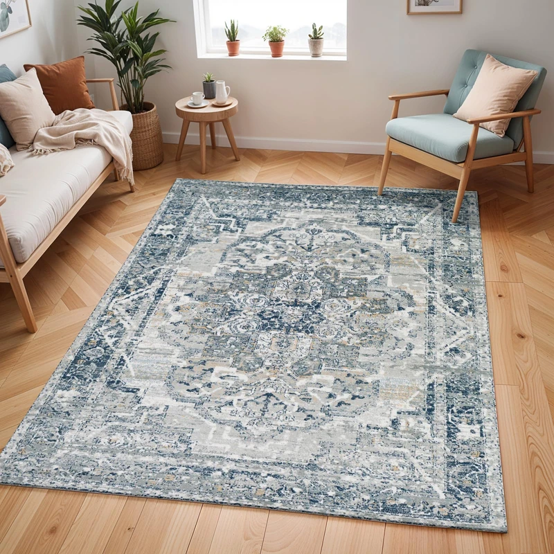 Livabliss Ascot Vintage Rug - Area Rugs for Living Room 120x170 cm, Bedroom - Scandi Neutral Rug, Traditional Patterned Boho Rug Style, Natural Easy Care Pile - Large Rug, Grey and Blue Rug - Image 1