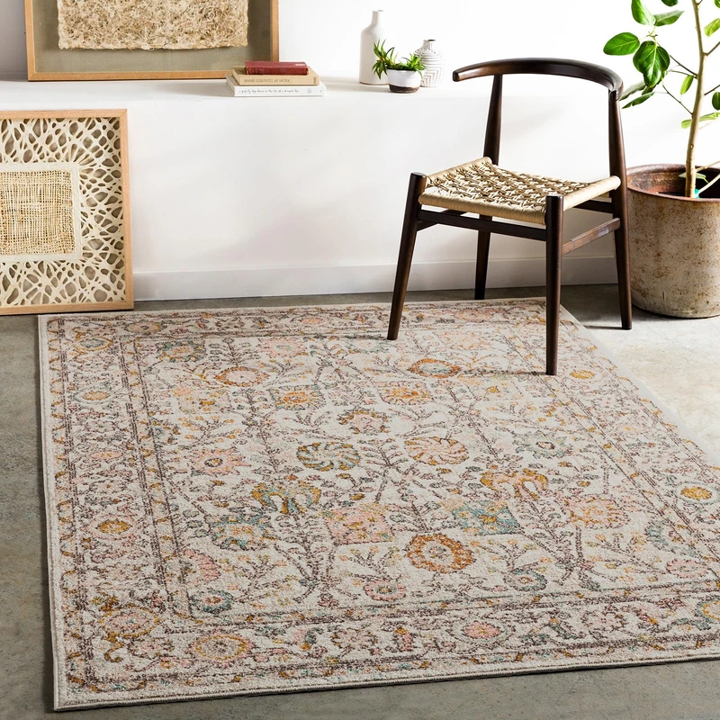 Livabliss Wicklow Vintage Rug - Area Rugs for Living Room 140x200 cm, Bedroom - Scandi Neutral Rug, Traditional Patterned Boho Rug Style, Natural Easy Care Pile - Large Rug, Ivory and Pink Rug