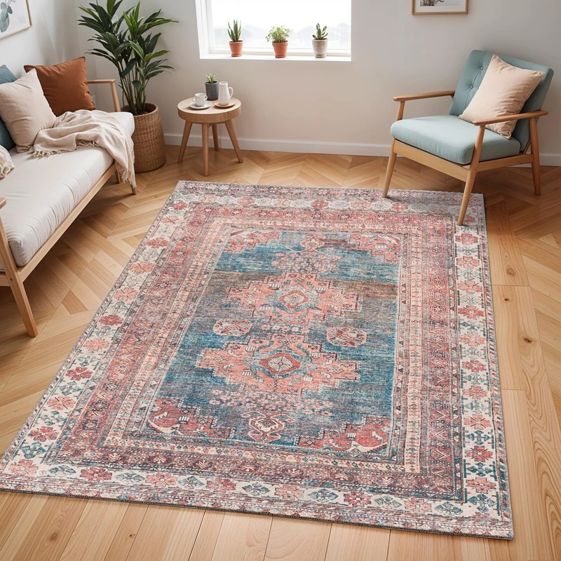 Livabliss Faraoun Machine Washable Rug - Vintage Area Rugs Living Room, Large Rug 120x170 cm - Traditional Boho Rug Style, Dining Room, Kitchen, Outdoor, Hallway - Coral, Blue, Brown, Cream Rug