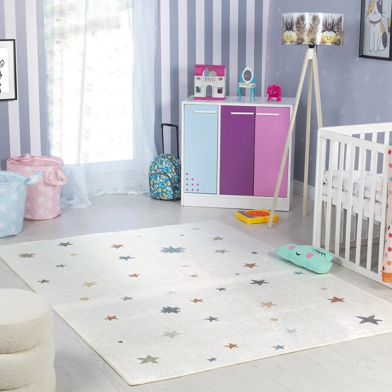 Livabliss Stars Washable Kids Rug - Childrens Rugs for Bedroom 140x200 cm, Machine Washable Animal Rug for Girls & Boys Bedroom, Playroom and Nursery Rugs - Girl, Boy, Baby, Kids Carpet, Cream