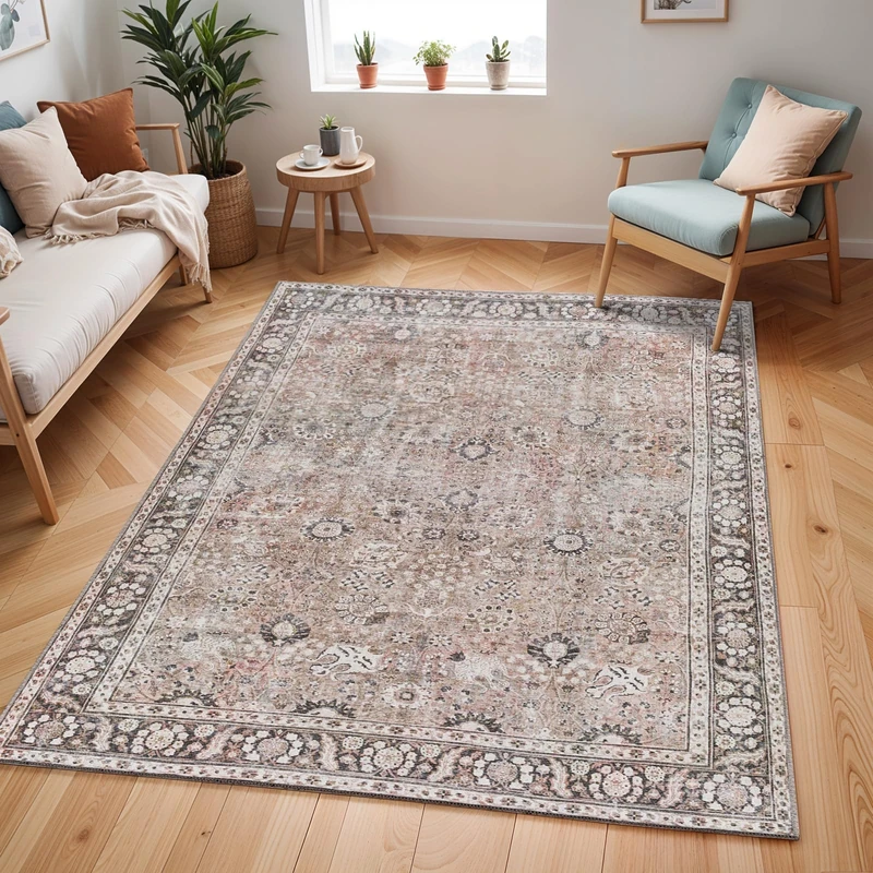 Livabliss Terjit Machine Washable Rug - Vintage Area Rugs Living Room, Large Rug 120x170 cm - Traditional Boho Rug Style, Dining Room, Kitchen, Outdoor, Hallway - Brown, Charcoal, Black Rug