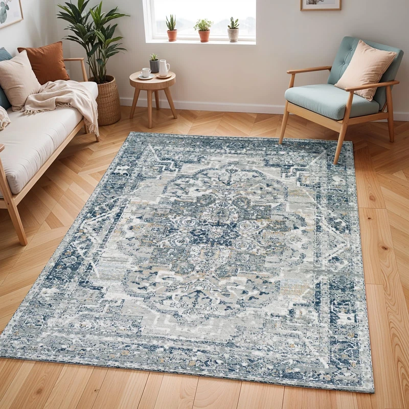 Livabliss Ascot Vintage Rug - Area Rugs for Living Room 140x200 cm, Bedroom - Scandi Neutral Rug, Traditional Patterned Boho Rug Style, Natural Easy Care Pile - Large Rug, Grey and Blue Rug