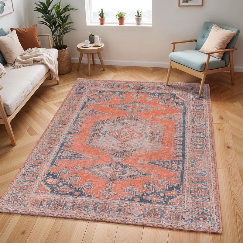 Livabliss Tessot Machine Washable Rug - Vintage Area Rugs Living Room, Large Rug 120x170 cm - Traditional Boho Style, Dining Room, Kitchen, Outdoor, Hallway - Burnt Orange, Blue, Tan
