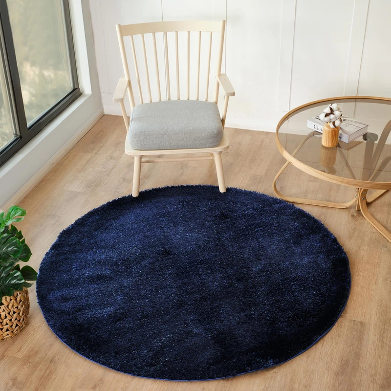 Livabliss Shaggy Rug Shaggy Rug - Modern Berber Rug Living Room 120x120 cm, Soft Shaggy Rugs for Bedroom - Neutral Boho Fluffy Rug, Easy Care Plush Thick Pile - Round Rug, Navy Blue Rug
