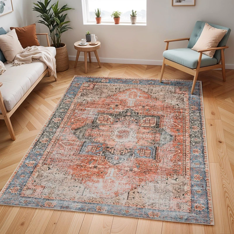 Livabliss Rodas Machine Washable Rug - Vintage Area Rugs Living Room, Large Rug 120x170 cm - Traditional Boho Rug Style, Dining Room, Kitchen, Outdoor, Hallway - Burnt Orange, Brown and Dark Blue Rug