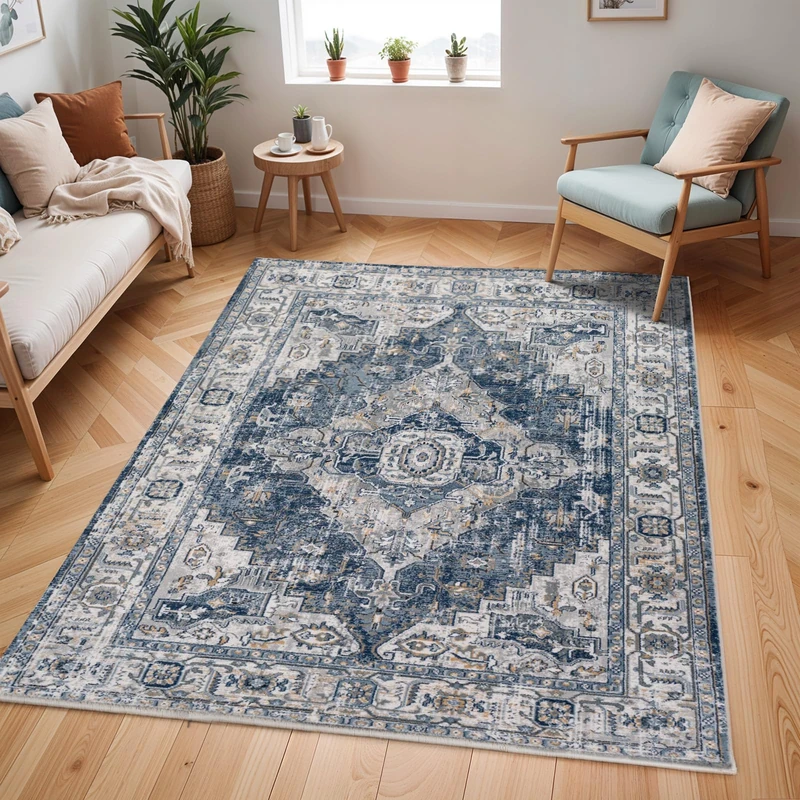 Livabliss London Vintage Rug - Area Rugs for Living Room 120x170 cm, Bedroom - Scandi Neutral Rug, Traditional Patterned Boho Rug Style, Natural Easy Care Pile - Large Rug, Blue and Grey Rug