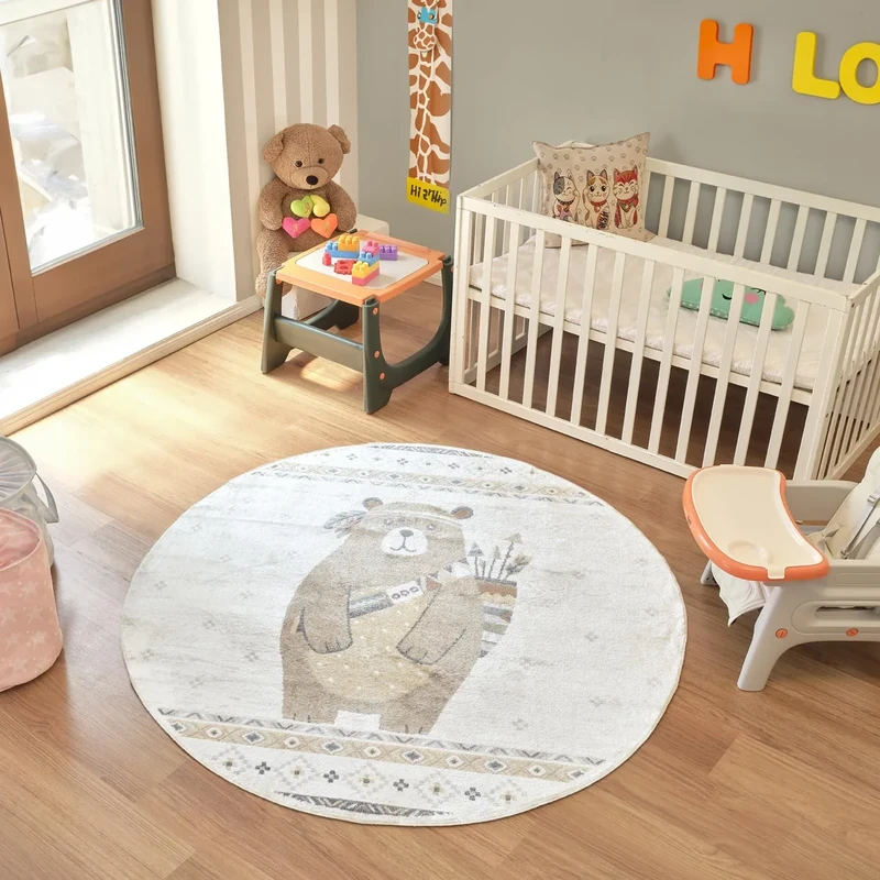 Livabliss Bear Washable Kids Rug - Childrens Rugs for Bedroom 160x160 cm, Machine Washable Animal Rug for Girls & Boys Bedroom, Playroom and Nursery Rugs - Girl, Boy, Baby, Kids Carpet, Beige