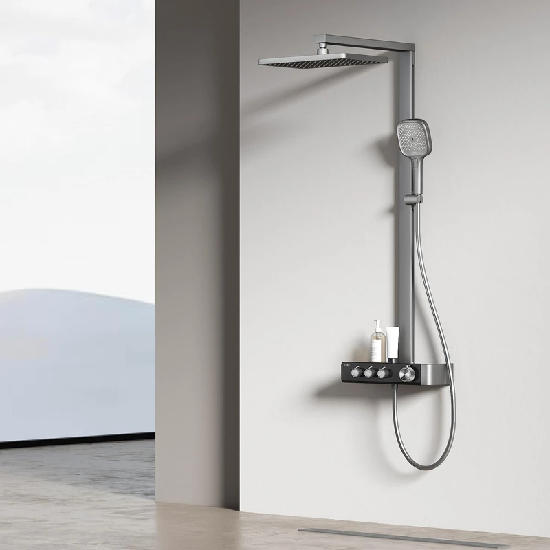 EMKE Shower System with Thermostat, Rain Shower, Shower System, Anthracite, Matt, with Large 36 x 24 cm Rain Shower, 3 Jet Types, Hand Shower, Shower Rail and Hose, Complete Set of Shower Fixtures