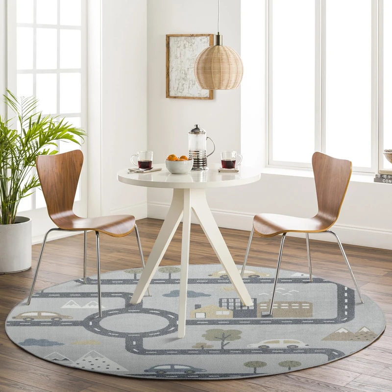 Livabliss Road Track Washable Kids Rug - Childrens Rug for Bedroom 160x160 cm, Machine Washable Rug for Girls & Boys Bedroom Rug, Playroom & Nursery Rugs - Girl or Boy Room Baby Rug, Kids Carpet, Grey