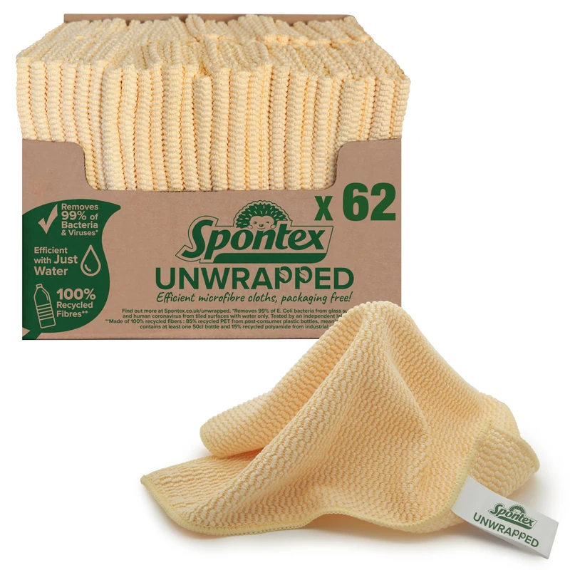 Spontex Unwrapped Microfibre Cloths for Cleaning | 62 x Packaging Free Microfibre Cleaning Cloths | For Use as Dusters, Dish Cloths & Kitchen Towels | 30 x 30cm | Made of 100% Recycled Fibres*