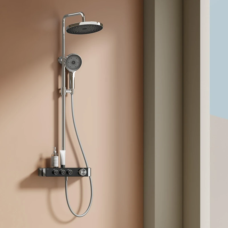 EMKE Shower System with Thermostat, Rain Shower, Chrome Shower System with Large Rain Shower 36 x 24 cm, 3 Jet Types, Hand Shower, Height Adjustable Shower Rail and Hose, Complete Set