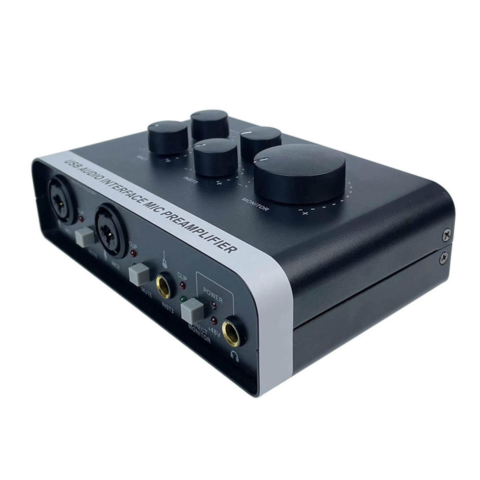 Portable USB Sound Interface 48V Power Mic Preamplifier, Studio Quality Sound Mixer for PC Recording, Real Time Monitoring, Black Color