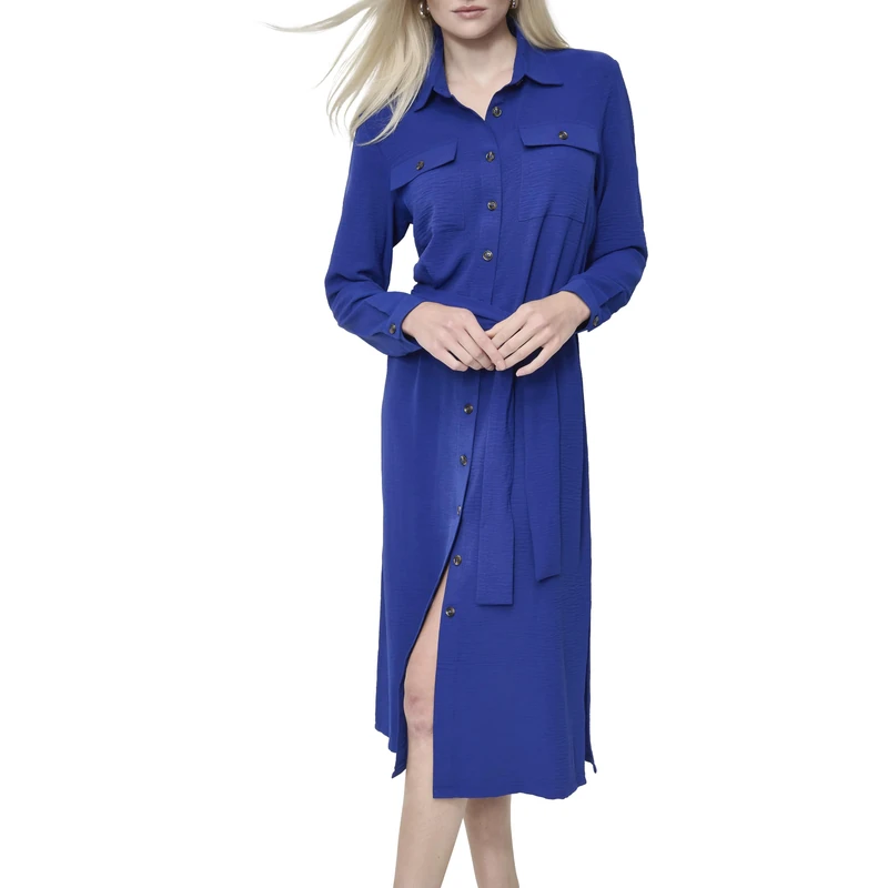 DKNY Women's Long Sleeve Collared Tie Midi Shirtdress, Ultramarine, 14 - Image 1