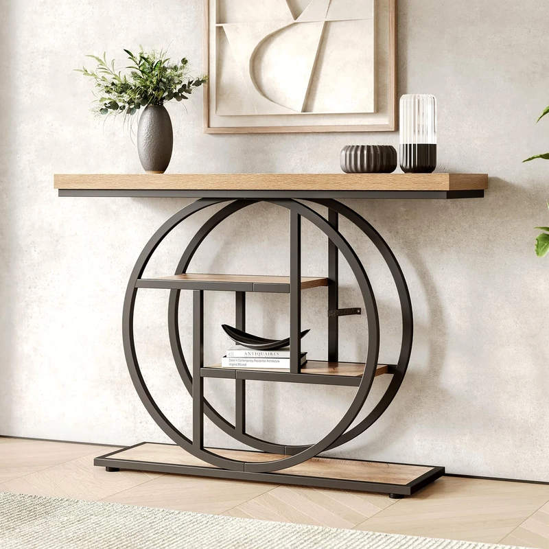 LITTLE TREE Console Table, 4-Tier Entryway Table Behind Couch Table, 41.3-Inch Farmhouse Sofa Table for Living Room, Foyer Hallway Table for Entrance, Walnut and Black
