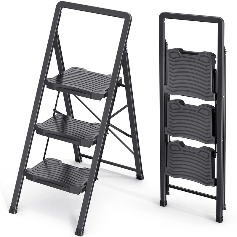 KINGRACK Heavy Sturdy 3 Step Ladder, Portable Ladder for Home, Kitchen, Folding Steel Step Stool with Anti-Slip Wide Pedals, Handrail, Safe-Lock Design, Pass 800lbs Load Testing, Black