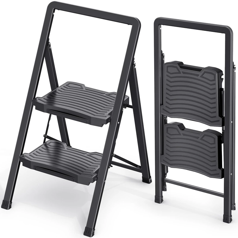 KINGRACK Heavy Sturdy 2 Step Ladder, Portable Ladder for Home, Kitchen, Folding Steel Step Stool with Anti-Slip Wide Pedals, Handrail, Safe-Lock Design, Pass 800lbs Load Testing, Black