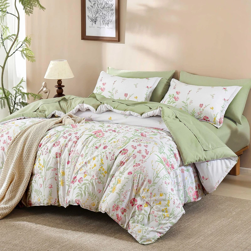 Yiran 7 Piece Pink Green Floral Comforter Set Queen Size, Cute Watercolour Botanical Comforter Bedding Set, Bed in a Bag Queen, Soft Microfiber Complete Bedding Set with Sheets for All Season