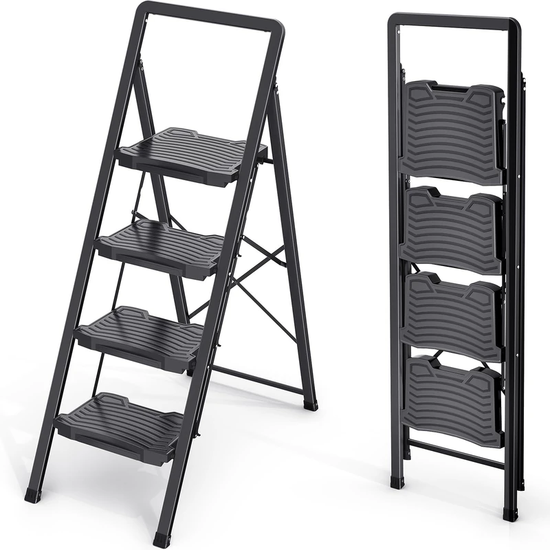 KINGRACK Heavy Sturdy 4 Step Ladder, Portable Ladder for Home, Kitchen, Folding Steel Step Stool with Anti-Slip Wide Pedals, Handrail, Safe-Lock Design, Pass 800lbs Load Testing, Black - Image 1