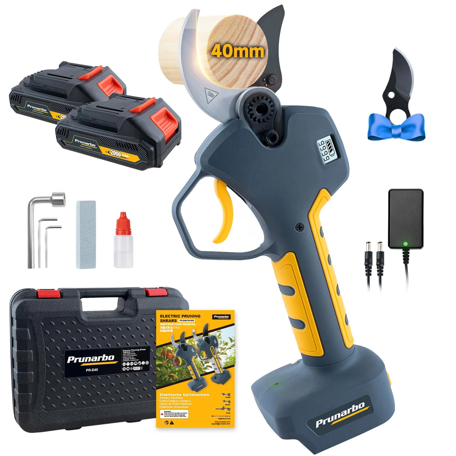 Prunarbo Electric Secateurs 40MM Cordless Pruning Shears - Brushless Motor, 2X 2.0Ah Batteries, Powerful Tree Trimmer for Gardening - Compatible with Makita 18V Battery (PR-E40)