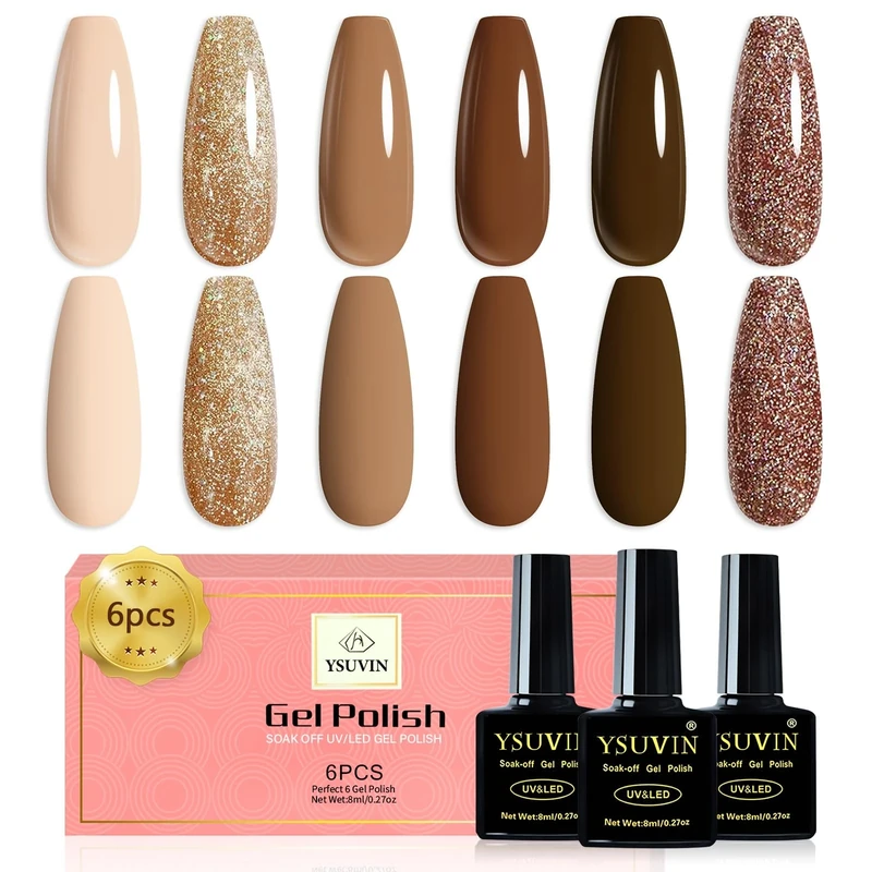 Yueshop Brown Gel Nail Polish Set - 6 Colors Nude Coffee Dark Glitter Sparkly Gold Autumn UV Soak Off Varnish for Manicure Nail Art Salon, 8ML