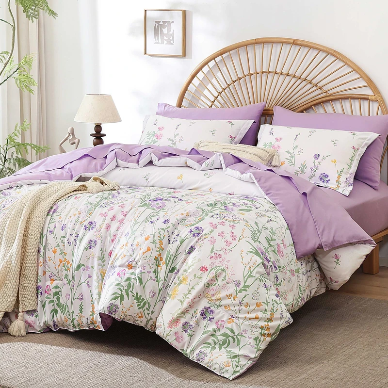 Yiran Purple Watercolour Floral Comforter Set King Size, 7 Piece Cute Botanical Lavender Comforter Bedding Set, Bed in a Bag King, Soft Microfiber Complete Bedding Set with Sheets for All Season