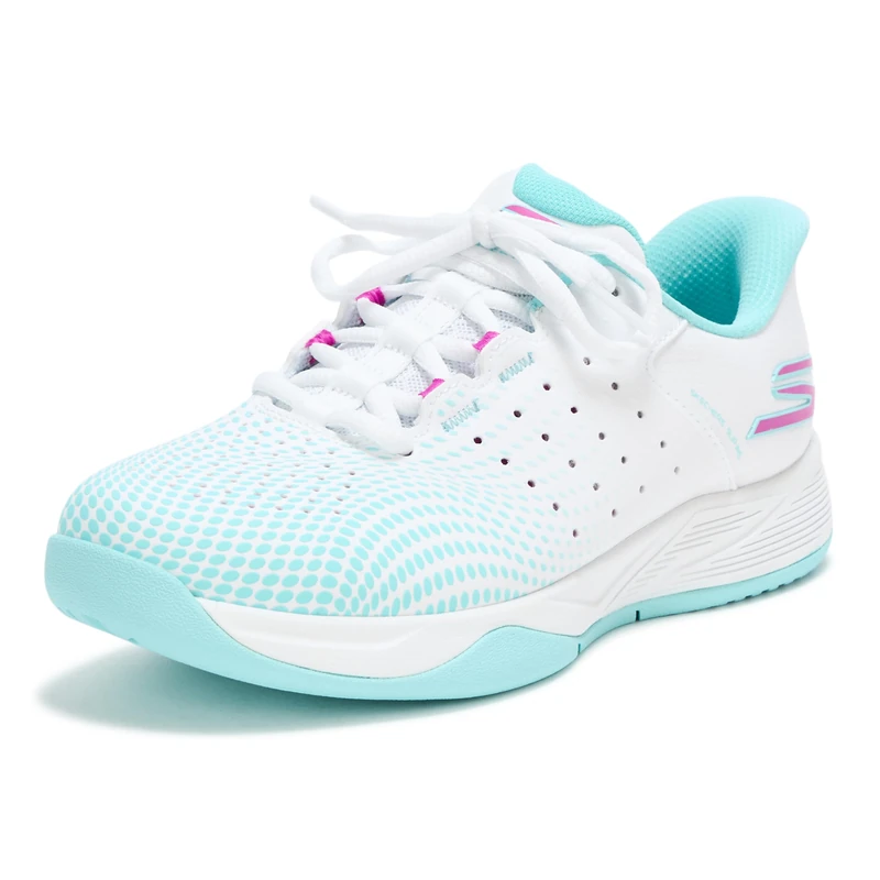 Skechers Women's Viper Court Reload Hands Free Slip-ins Sneaker, White, Turquoise, Pink, 4 UK