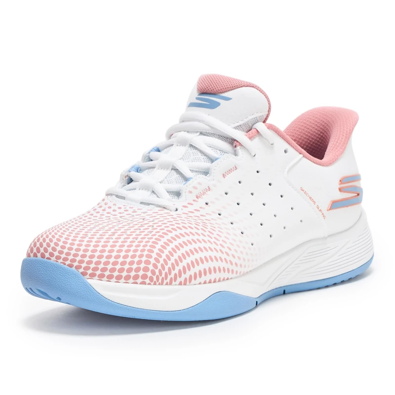 Skechers Women's Viper Court Reload Hands Free Slip-ins Sneaker, White, Light Blue, Pink, 8 UK