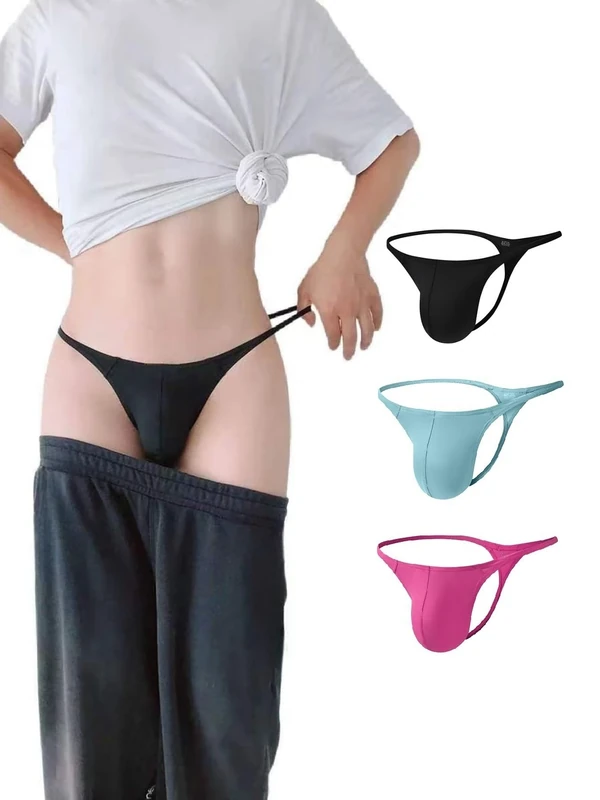 KUKUMOOD Mens G-string Nylon Thongs Sexy Low Rise Bulge Pouch G-string Underwear Black/Blue/Pink 3 Pcs(L)