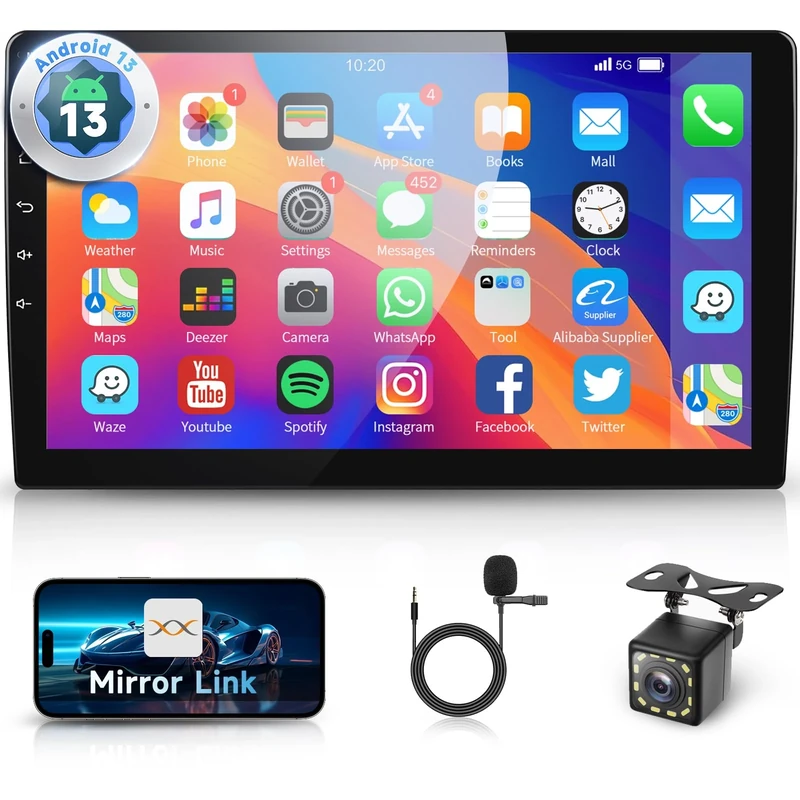 Hodozzy Android Car Radio - GPS Double Din 10.1 Inch IPS Touch Screen 2 Din Bluetooth Car Stereo, Supports Navigation, WiFi, DSP Mirror Link, FM RDS Radio, USB, SWC With Reversing Camera + MIC