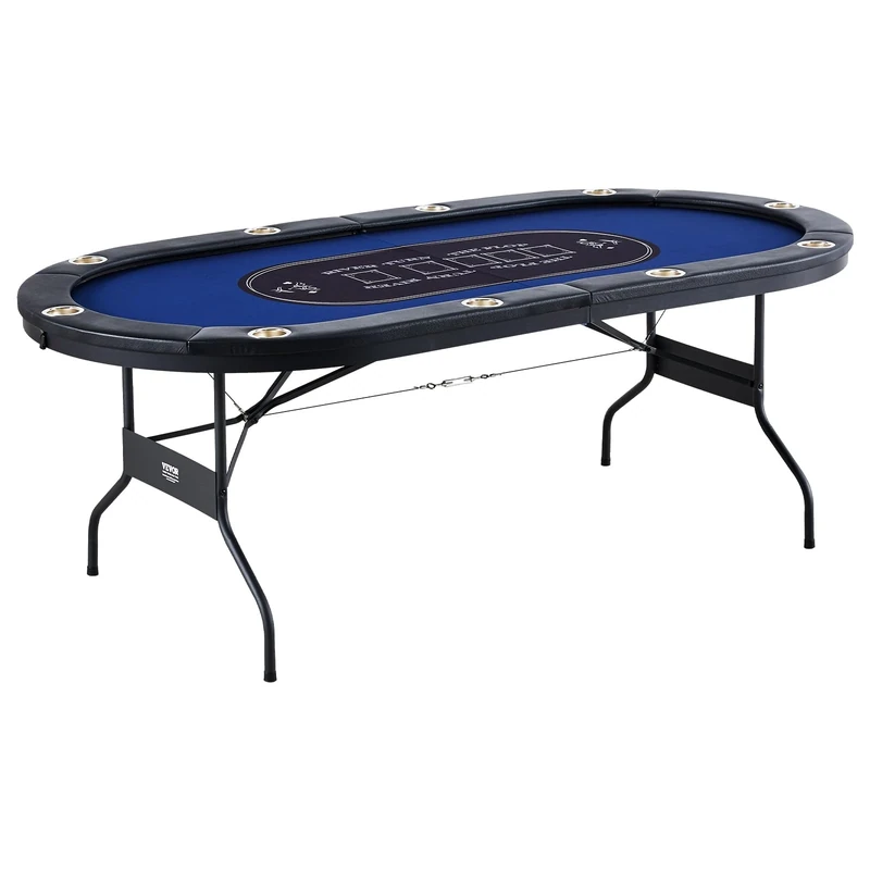VEVOR 10 Player Foldable Poker Blackjack Texas Holdem Table with Padded Rails and Stainless Steel Cup Holders, Portable Folding Card Game Board, 84" Oval Casino Leisure"}