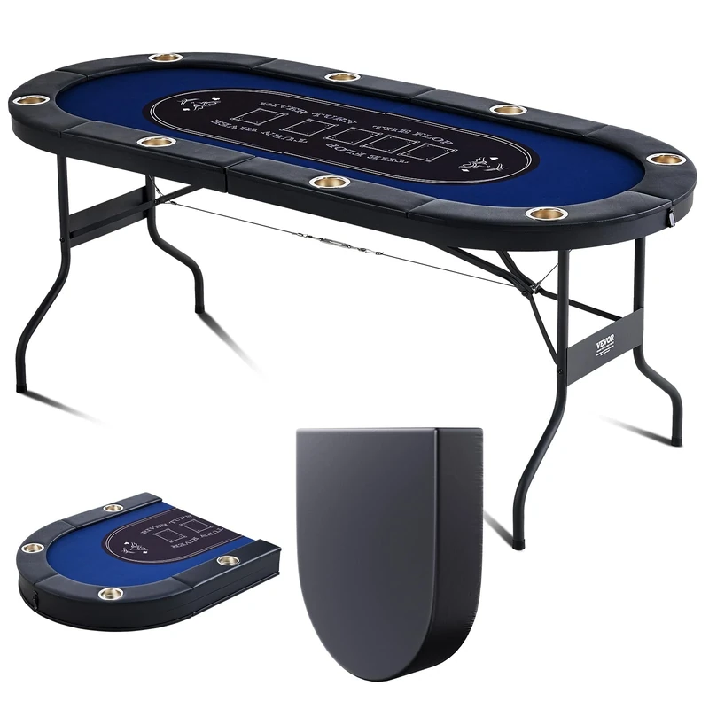 VEVOR 8 Player Foldable Poker Table for Blackjack Texas Holdem, Padded Rails, Stainless Steel Cup Holders, Portable Folding Card Game Board
