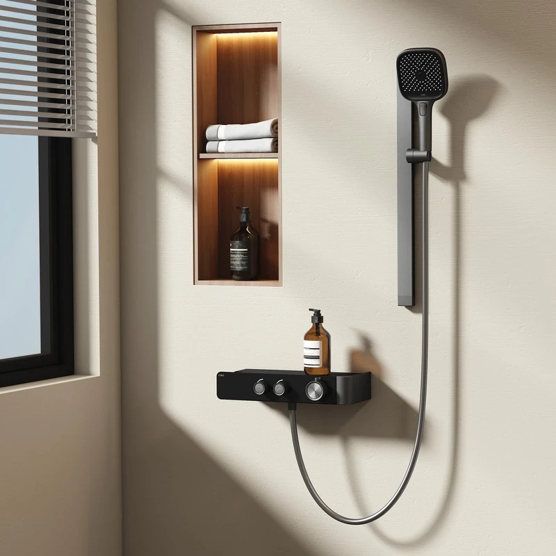 EMKE Thermostatic Shower Column - Matt Anthracite, Adjustable Water Flow, Separate Minimalist Design, Hand Shower 3 Functions, Small Bathroom Shower Kit