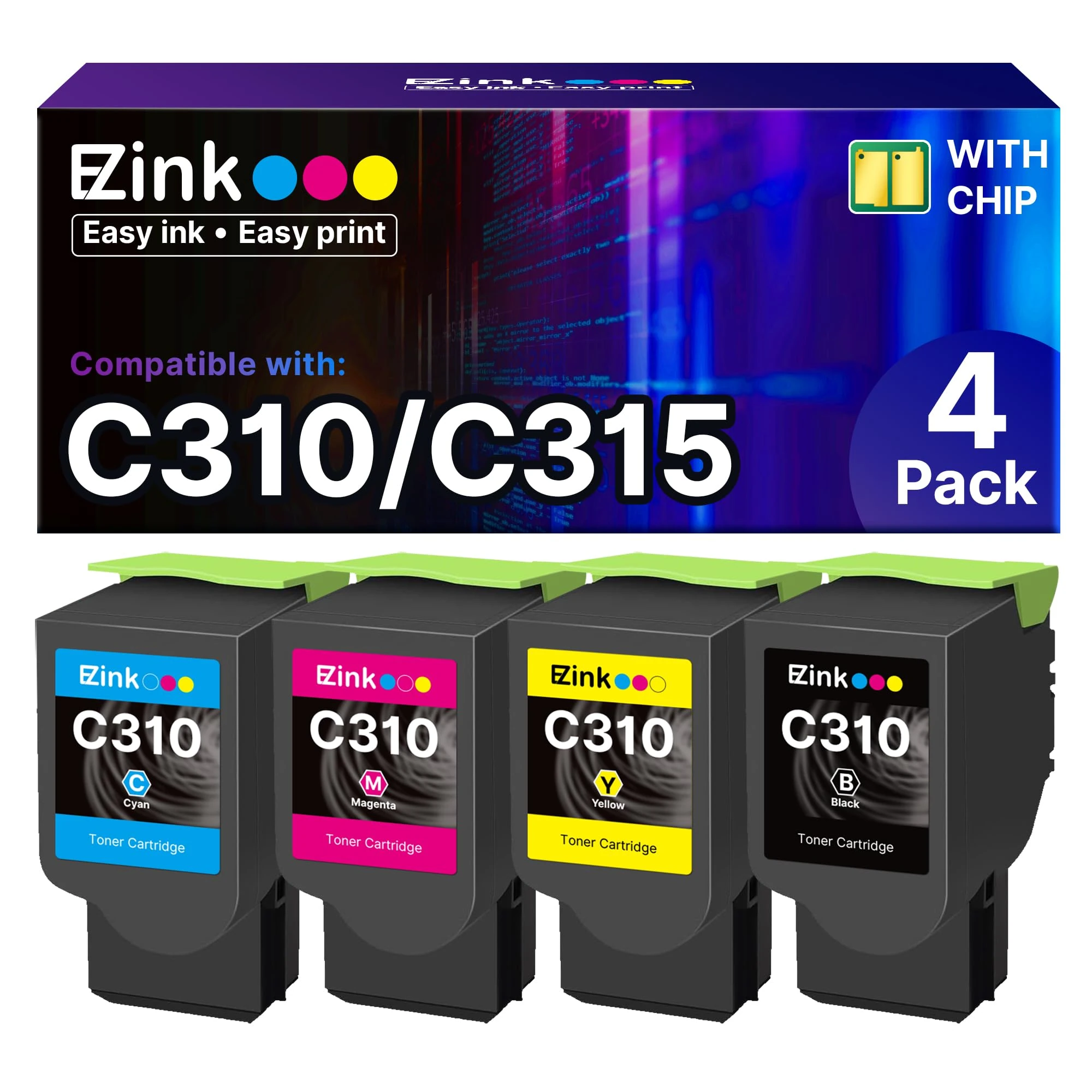 E-Z Ink Compatible Toner Cartridge Replacement for Xerox C310 Toner Cartridge C315 Toner Cartridge for Xerox C310 C310DNI C310DNIM C315 C315DNI Printer，006R04356 006R04357 006R04358 006R04359，4 Packs