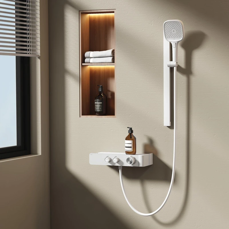 EMKE Thermostatic Shower Column - Matt White, Adjustable Water Flow, Separate Minimalist Design, 3 Function Hand Shower, Small Bathroom Shower Kit