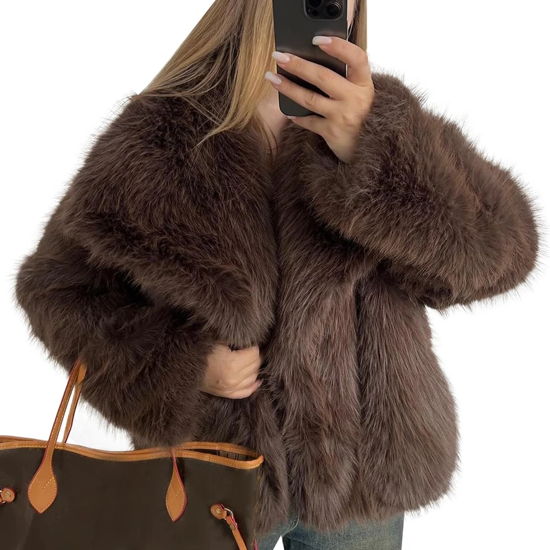 Flygo Women's Faux Fur Coat Fluffy Faux Fur Jacket Long Sleeve Lapel Furry Winter Jackets Shaggy Parka Short Coat, Brown, M